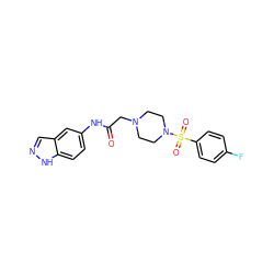 O=C(CN1CCN(S(=O)(=O)c2ccc(F)cc2)CC1)Nc1ccc2[nH]ncc2c1 ZINC000073239978