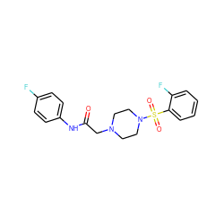 O=C(CN1CCN(S(=O)(=O)c2ccccc2F)CC1)Nc1ccc(F)cc1 ZINC000021186429