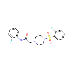 O=C(CN1CCN(S(=O)(=O)c2ccccc2F)CC1)Nc1ccccc1F ZINC000038296795