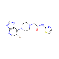 O=C(CN1CCN(c2c(Br)cnc3nc[nH]c23)CC1)Nc1nccs1 ZINC000049111230