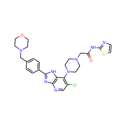 O=C(CN1CCN(c2c(Cl)cnc3nc(-c4ccc(CN5CCOCC5)cc4)[nH]c23)CC1)Nc1nccs1 ZINC000049777069