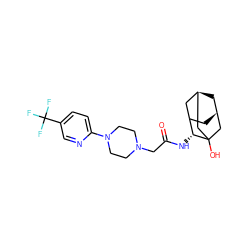 O=C(CN1CCN(c2ccc(C(F)(F)F)cn2)CC1)N[C@@H]1C2C[C@@H]3C[C@H](C2)CC1(O)C3 ZINC000035087347