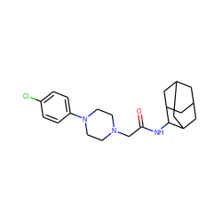 O=C(CN1CCN(c2ccc(Cl)cc2)CC1)NC1C2CC3CC(C2)CC1C3 ZINC000084623703