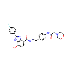 O=C(CN1CCOCC1)Nc1ccc(CCNC(=O)c2ccc(O)c3[nH]c(-c4ccc(F)cc4)nc23)cc1 ZINC000043119696