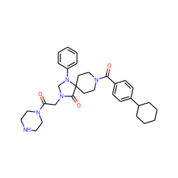 O=C(CN1CN(c2ccccc2)C2(CCN(C(=O)c3ccc(C4CCCCC4)cc3)CC2)C1=O)N1CCNCC1 ZINC000066260053