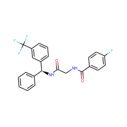 O=C(CNC(=O)c1ccc(F)cc1)N[C@@H](c1ccccc1)c1cccc(C(F)(F)F)c1 ZINC000040405773