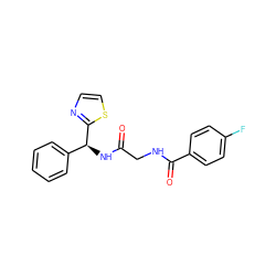 O=C(CNC(=O)c1ccc(F)cc1)N[C@@H](c1ccccc1)c1nccs1 ZINC000040918672