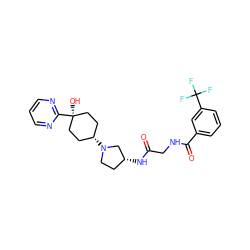 O=C(CNC(=O)c1cccc(C(F)(F)F)c1)N[C@@H]1CCN([C@H]2CC[C@](O)(c3ncccn3)CC2)C1 ZINC000102942037