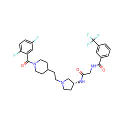 O=C(CNC(=O)c1cccc(C(F)(F)F)c1)N[C@@H]1CCN(CCC2CCN(C(=O)c3cc(F)ccc3F)CC2)C1 ZINC000049802466