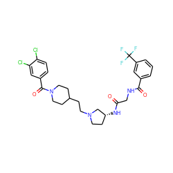 O=C(CNC(=O)c1cccc(C(F)(F)F)c1)N[C@@H]1CCN(CCC2CCN(C(=O)c3ccc(Cl)c(Cl)c3)CC2)C1 ZINC000049802531