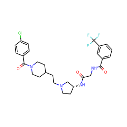 O=C(CNC(=O)c1cccc(C(F)(F)F)c1)N[C@@H]1CCN(CCC2CCN(C(=O)c3ccc(Cl)cc3)CC2)C1 ZINC000049780871