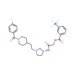 O=C(CNC(=O)c1cccc(C(F)(F)F)c1)N[C@@H]1CCN(CCC2CCN(C(=O)c3ccc(F)cc3)CC2)C1 ZINC000049780861