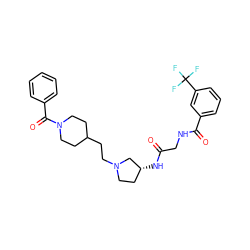 O=C(CNC(=O)c1cccc(C(F)(F)F)c1)N[C@@H]1CCN(CCC2CCN(C(=O)c3ccccc3)CC2)C1 ZINC000049070663