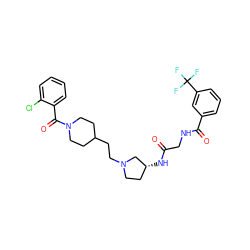 O=C(CNC(=O)c1cccc(C(F)(F)F)c1)N[C@@H]1CCN(CCC2CCN(C(=O)c3ccccc3Cl)CC2)C1 ZINC000049780845