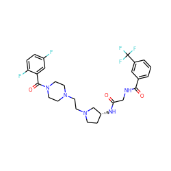 O=C(CNC(=O)c1cccc(C(F)(F)F)c1)N[C@@H]1CCN(CCN2CCN(C(=O)c3cc(F)ccc3F)CC2)C1 ZINC000049780898