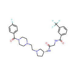 O=C(CNC(=O)c1cccc(C(F)(F)F)c1)N[C@@H]1CCN(CCN2CCN(C(=O)c3ccc(F)cc3)CC2)C1 ZINC000049802473