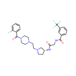 O=C(CNC(=O)c1cccc(C(F)(F)F)c1)N[C@@H]1CCN(CCN2CCN(C(=O)c3ccccc3F)CC2)C1 ZINC000049784185