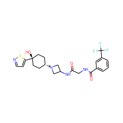 O=C(CNC(=O)c1cccc(C(F)(F)F)c1)NC1CN([C@H]2CC[C@@](O)(c3ccns3)CC2)C1 ZINC000261120680