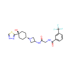 O=C(CNC(=O)c1cccc(C(F)(F)F)c1)NC1CN([C@H]2CC[C@@](O)(c3nncs3)CC2)C1 ZINC000254132323