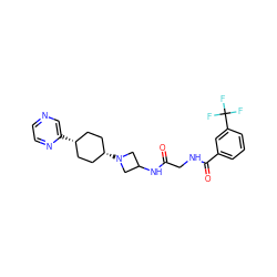 O=C(CNC(=O)c1cccc(C(F)(F)F)c1)NC1CN([C@H]2CC[C@@H](c3cnccn3)CC2)C1 ZINC000143358329