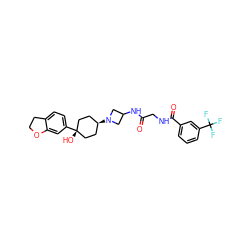 O=C(CNC(=O)c1cccc(C(F)(F)F)c1)NC1CN([C@H]2CC[C@](O)(c3ccc4c(c3)OCC4)CC2)C1 ZINC000261139399