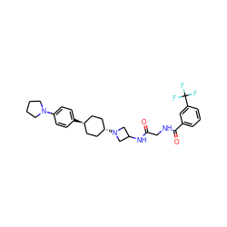 O=C(CNC(=O)c1cccc(C(F)(F)F)c1)NC1CN([C@H]2CC[C@H](c3ccc(N4CCCC4)cc3)CC2)C1 ZINC000261124366