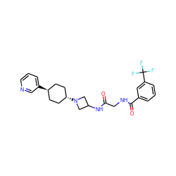 O=C(CNC(=O)c1cccc(C(F)(F)F)c1)NC1CN([C@H]2CC[C@H](c3cccnc3)CC2)C1 ZINC000261076685