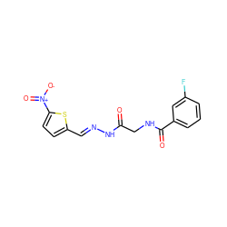 O=C(CNC(=O)c1cccc(F)c1)N/N=C/c1ccc([N+](=O)[O-])s1 ZINC000001947585