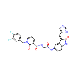 O=C(CNC(=O)c1cccn(Cc2ccc(F)c(F)c2)c1=O)Nc1ccc2c(c1)/C(=C/c1cnc[nH]1)C(=O)N2 ZINC000653874656