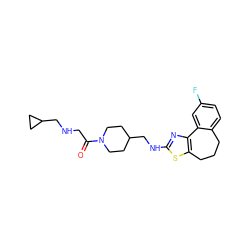 O=C(CNCC1CC1)N1CCC(CNc2nc3c(s2)CCCc2ccc(F)cc2-3)CC1 ZINC000026497691