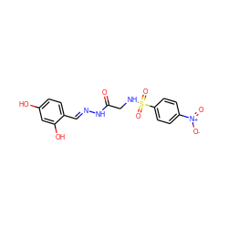 O=C(CNS(=O)(=O)c1ccc([N+](=O)[O-])cc1)N/N=C/c1ccc(O)cc1O ZINC000001958144