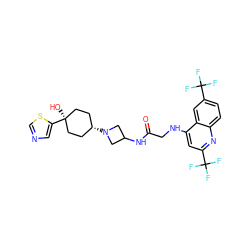 O=C(CNc1cc(C(F)(F)F)nc2ccc(C(F)(F)F)cc12)NC1CN([C@H]2CC[C@](O)(c3cncs3)CC2)C1 ZINC000149196197