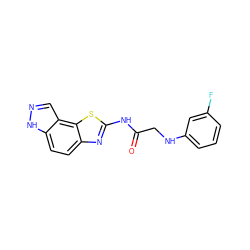 O=C(CNc1cccc(F)c1)Nc1nc2ccc3[nH]ncc3c2s1 ZINC000142263862