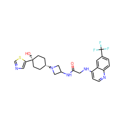 O=C(CNc1ccnc2ccc(C(F)(F)F)cc12)NC1CN([C@H]2CC[C@](O)(c3cncs3)CC2)C1 ZINC000149184365