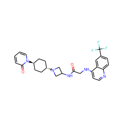 O=C(CNc1ccnc2ccc(C(F)(F)F)cc12)NC1CN([C@H]2CC[C@H](n3ccccc3=O)CC2)C1 ZINC000149128082