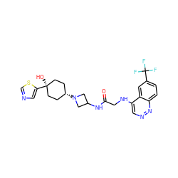 O=C(CNc1cnnc2ccc(C(F)(F)F)cc12)NC1CN([C@H]2CC[C@](O)(c3cncs3)CC2)C1 ZINC000149179061