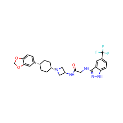 O=C(CNc1n[nH]c2ccc(C(F)(F)F)cc12)NC1CN([C@H]2CC[C@@H](c3ccc4c(c3)OCO4)CC2)C1 ZINC000261084843