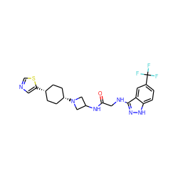 O=C(CNc1n[nH]c2ccc(C(F)(F)F)cc12)NC1CN([C@H]2CC[C@@H](c3cncs3)CC2)C1 ZINC000261177995