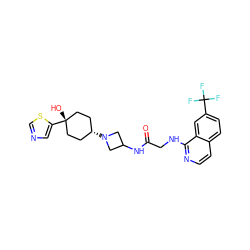 O=C(CNc1nccc2ccc(C(F)(F)F)cc12)NC1CN([C@H]2CC[C@@](O)(c3cncs3)CC2)C1 ZINC000101657582