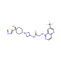 O=C(CNc1nccc2ncc(C(F)(F)F)cc12)NC1CN([C@H]2CC[C@@](O)(c3cncs3)CC2)C1 ZINC000101657578