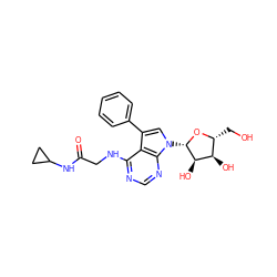 O=C(CNc1ncnc2c1c(-c1ccccc1)cn2[C@@H]1O[C@H](CO)[C@@H](O)[C@H]1O)NC1CC1 ZINC000013676924