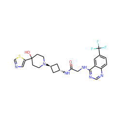 O=C(CNc1ncnc2ccc(C(F)(F)F)cc12)N[C@H]1C[C@H](N2CCC(O)(c3cncs3)CC2)C1 ZINC000149204632