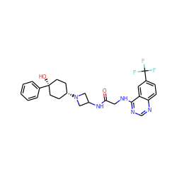 O=C(CNc1ncnc2ccc(C(F)(F)F)cc12)NC1CN([C@H]2CC[C@](O)(c3ccccc3)CC2)C1 ZINC000149086222