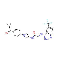 O=C(CNc1ncnc2ccc(C(F)(F)F)cc12)NC1CN([C@H]2CC[C@H]([C@@H](O)C3CC3)CC2)C1 ZINC000149176010