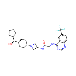 O=C(CNc1ncnc2ccc(C(F)(F)F)cc12)NC1CN([C@H]2CC[C@H]([C@@H](O)C3CCCC3)CC2)C1 ZINC000149222722