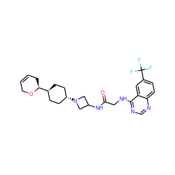 O=C(CNc1ncnc2ccc(C(F)(F)F)cc12)NC1CN([C@H]2CC[C@H]([C@@H]3CC=CCO3)CC2)C1 ZINC000149132825