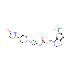 O=C(CNc1ncnc2ccc(C(F)(F)F)cc12)NC1CN([C@H]2CC[C@H]([C@@H]3CCC(=O)N3)CC2)C1 ZINC000149155005