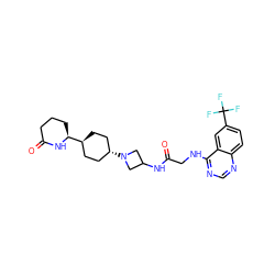 O=C(CNc1ncnc2ccc(C(F)(F)F)cc12)NC1CN([C@H]2CC[C@H]([C@@H]3CCCC(=O)N3)CC2)C1 ZINC000149125705