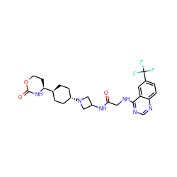 O=C(CNc1ncnc2ccc(C(F)(F)F)cc12)NC1CN([C@H]2CC[C@H]([C@@H]3CCOC(=O)N3)CC2)C1 ZINC000149179643