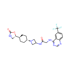 O=C(CNc1ncnc2ccc(C(F)(F)F)cc12)NC1CN([C@H]2CC[C@H]([C@@H]3CNC(=O)O3)CC2)C1 ZINC000149114955